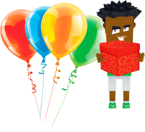 Young Engineers character with birthday balloons at Calgary STEM camp