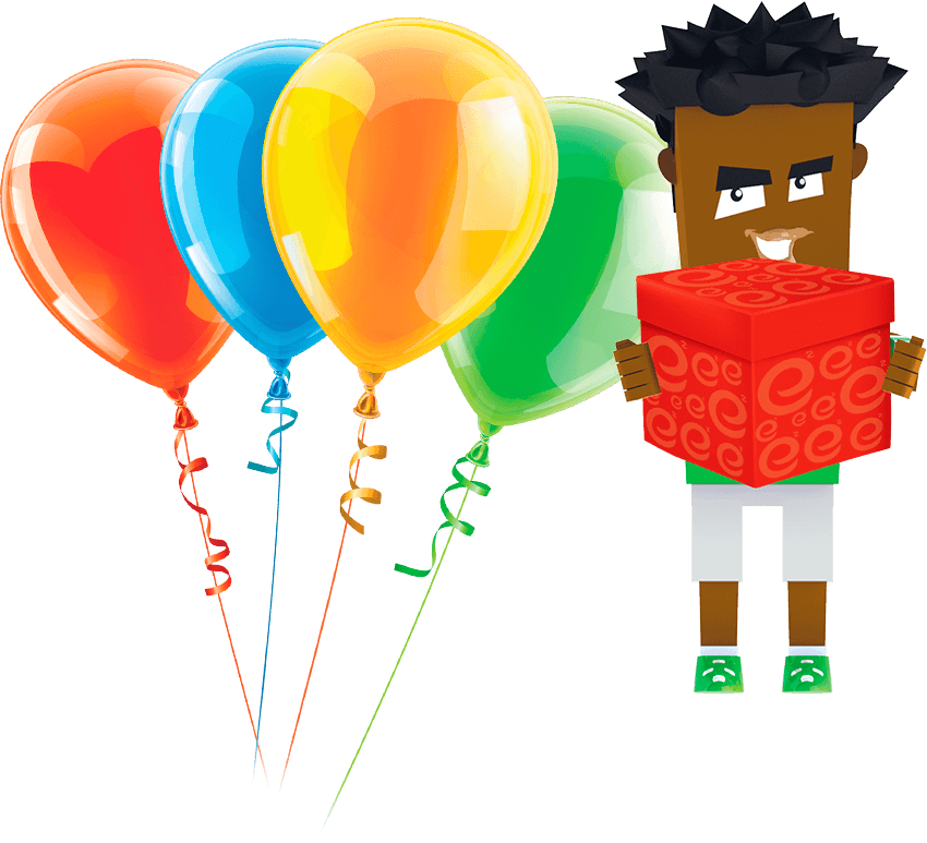 Young Engineers character with birthday balloons at Calgary STEM camp