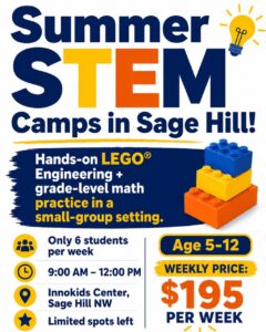 Kids enjoying hands-on LEGO STEM and robotics activities and grade-level math at a STEM summer camp in Sage Hill NW Calgary