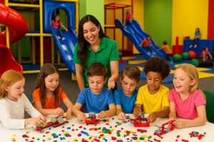 Kids building LEGO® models and enjoying STEM + Fun Thursdays in North Calgary with hands-on engineering and active play.