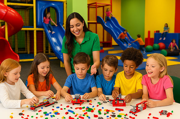 Kids building LEGO® models and enjoying STEM + Fun Thursdays in North Calgary with hands-on engineering and active play.