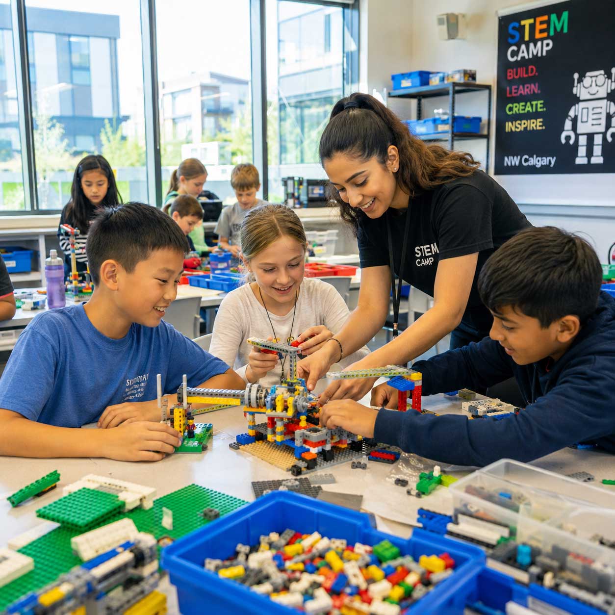 Kids building LEGO engineering models at Young Engineers LEGO summer camp Calgary NW near Sage Hill