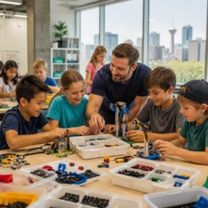 Children building LEGO STEM projects with an instructor at a Calgary NW summer camp